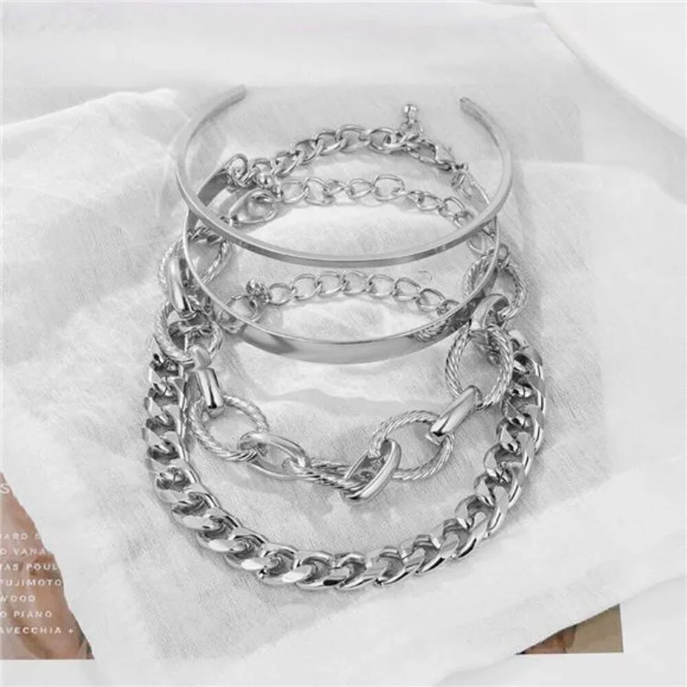 4-Piece Silver Bracelet Set for Women Chunky Chain, 2 Minimalist Cuff, and Rope